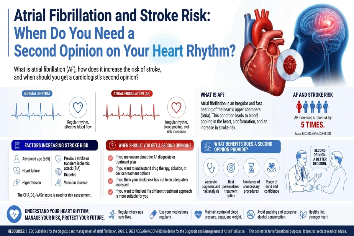 Infographic comparing normal heart rhythm with atrial fibrillation, showing stroke risk factors, the CHA2DS2-VASc score, and when to seek a cardiology second opinion.